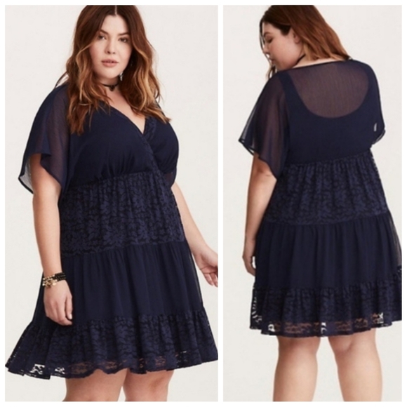 torrid Dresses & Skirts - Torrid Navy Blue Lace Inset Chiffon Mini Dress